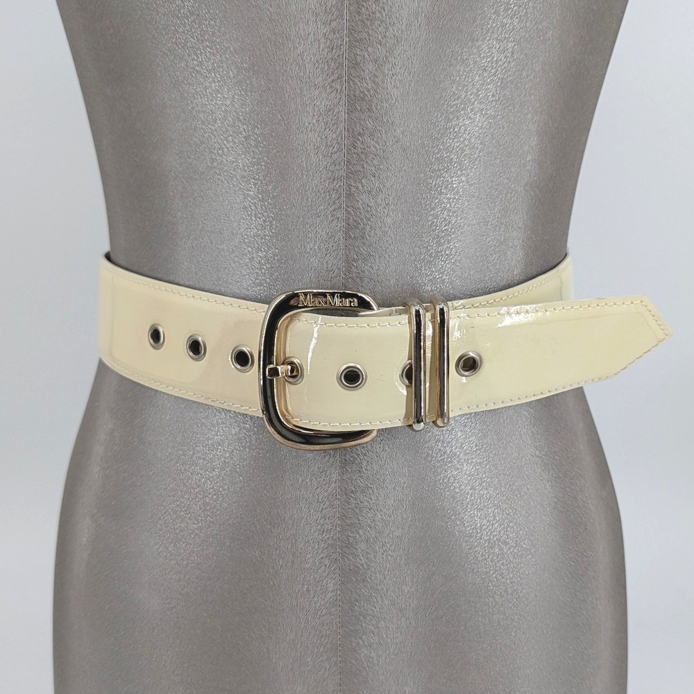Max Mara Patent Leather Wide Waist Belt Cream Ivory Made in Italy Small